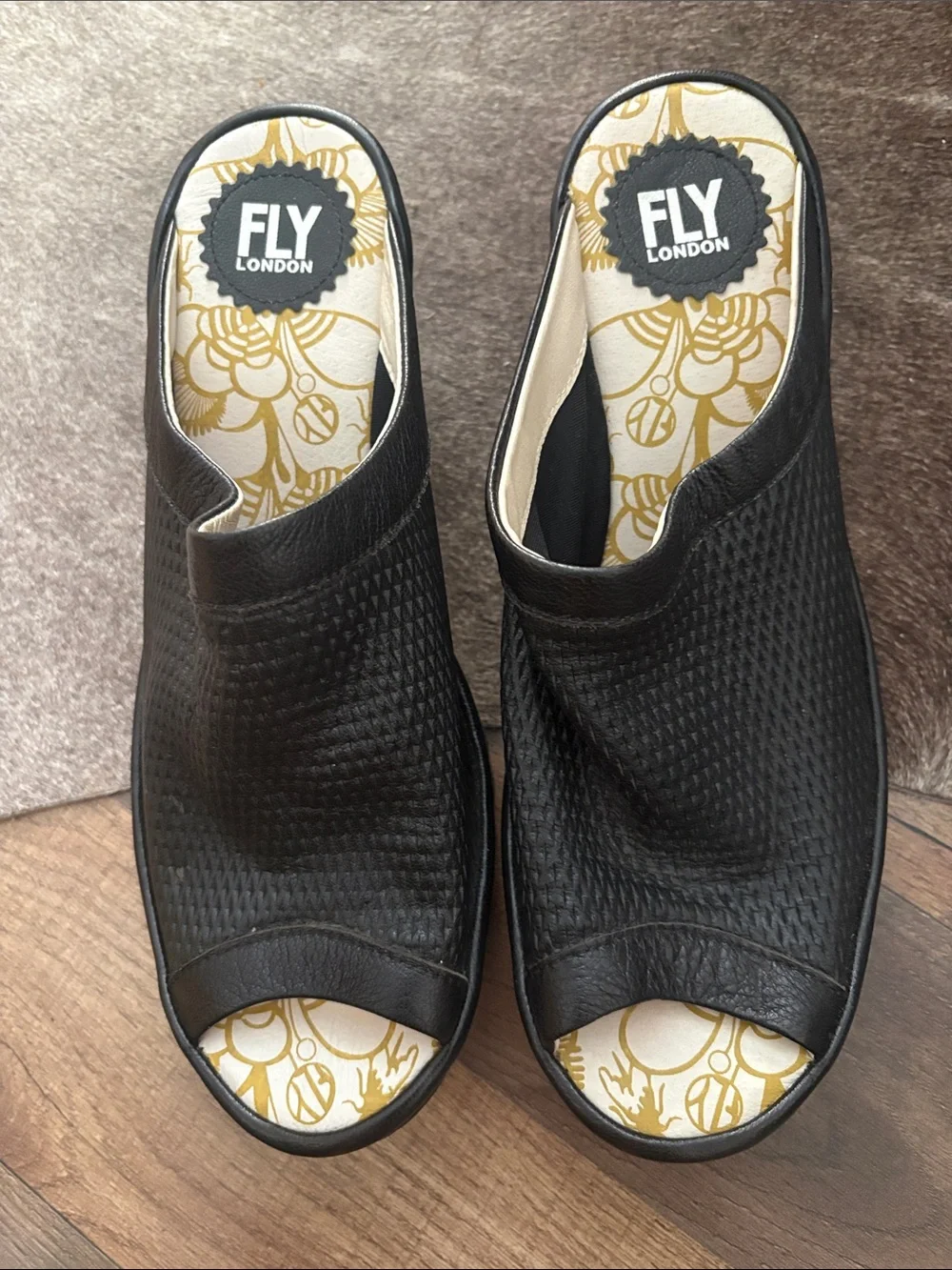 FLY London JAMB864FLY Black Leather Perforated Wedge 41 10-10.5 worn once